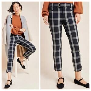 Anthropologie Essential Slim Plaid Trousers Size 2 Black Cropped Pants